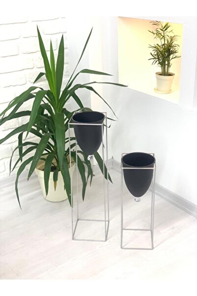 SEDEF SİLVER İkili Dekoratif Saksılık Metal Ayaklı Saksı Sunumluk Çiçeklik Kö...