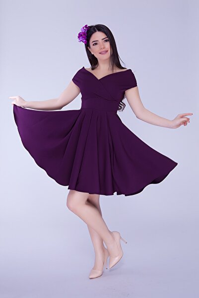 Bidoluelbise Kadın Kayık Yaka Dökümlü Dokuma Kumaş Pileli Kloş Mini Abiye Ve ...