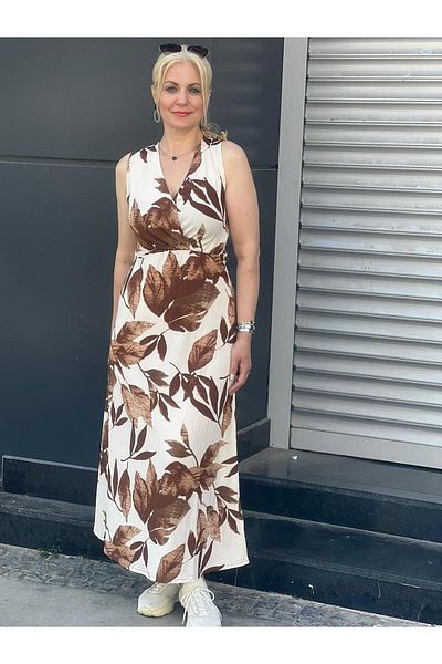 EtkiModa Γυναικείο αμάνικο φόρεμα με διπλό στήθος με στάμπα σε λευκό καφέ