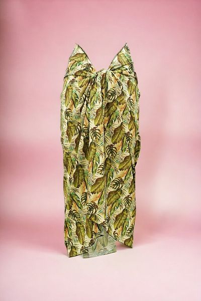 pistore Green Monstera Patterned Long Pareo Satin Women's Beach Dress New Season