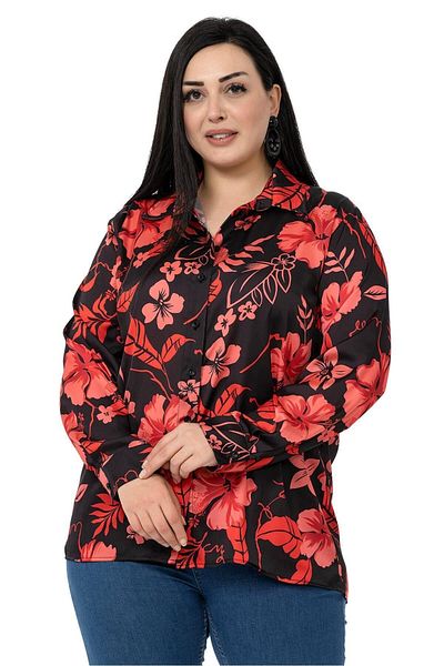 DISENTIS MODEST Plus Size Satin Shirt with Red Flowers on Black Background