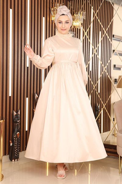 Modamihram Abendkleid aus Satin mit Federdetail, Beige 19123
