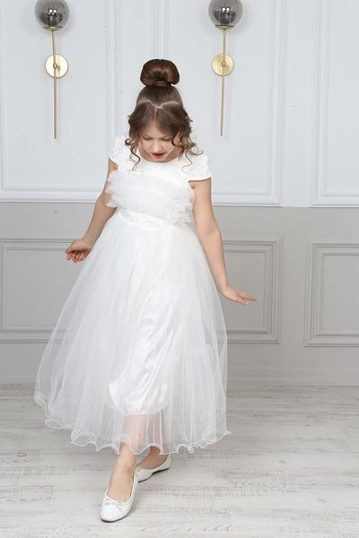 fmnbutik female child tulle ruffled lace guipure detail bow short-sleeved long gauze skirt special occasion stylish evening dress
