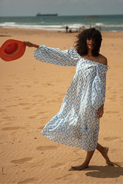 Ortaya Çık Φόρεμα με φαρδύ γιακά Madonna με μπλε σχέδιο