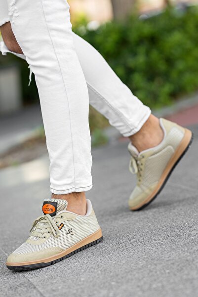 BOUIS Men's Beige Casual Lace-Up Mesh Anti-Sweat Flexible Sneaker Lifestyle Classic Sports Shoes