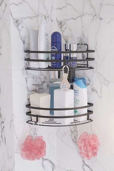 SUNTEL BANYO MUTFAK AKSESUARLARI Αυτοκόλλητο μονής στρώσης με αυτοκόλλητο γωνιακό μπάνιο 2 τεμαχίων + 3 γάντζοι