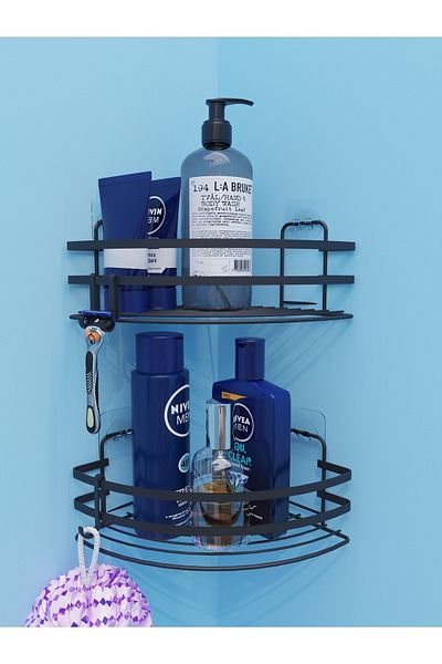 SUNTEL BANYO MUTFAK AKSESUARLARI Αυτοκόλλητο μονής στρώσης με αυτοκόλλητο γωνιακό μπάνιο 2 τεμαχίων + 3 γάντζοι