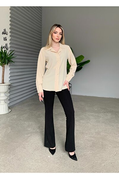 owwon Kadın Düğme Detaylı Bej Saten Gömlek