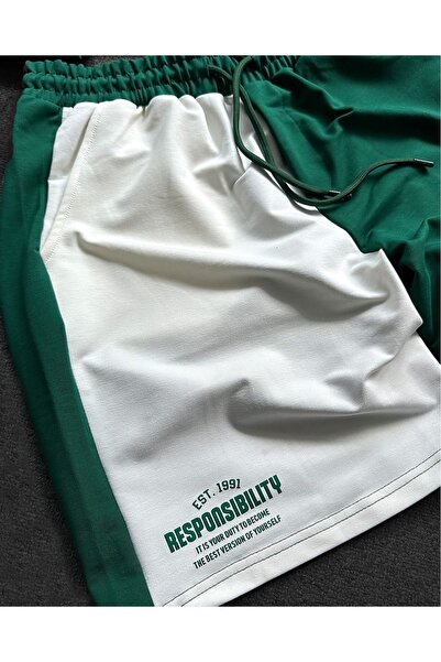 Machetta Green and White Pieced Responsibility Printed Shorts T-shirt Summer Set