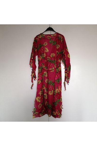 Manya Authentic cotton cheesecloth fuchsia multi-colored floral sequins sequin embroidery belted lace-up kaftan pareo Indian