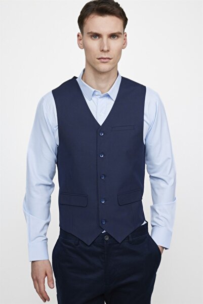 Tudors Ανδρικό μπλε ναυτικό γιλέκο με διπλή τσέπη με λεπτή εφαρμογή