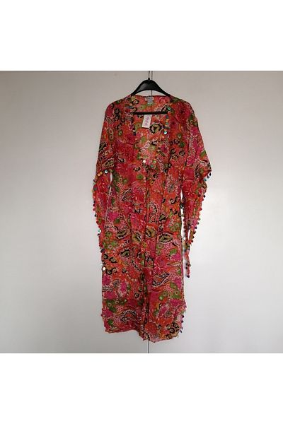 Manya Authentic cotton cheesecloth orange multicolor floral sequins sequin embroidery belted lace-up kaftan pareo Indian