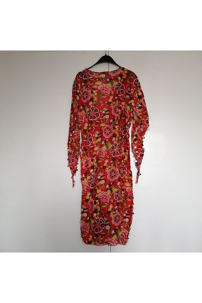 Manya Authentic cotton cheesecloth red multicolor floral sequins sequin embroidery belted lace-up kaftan pareo Indian