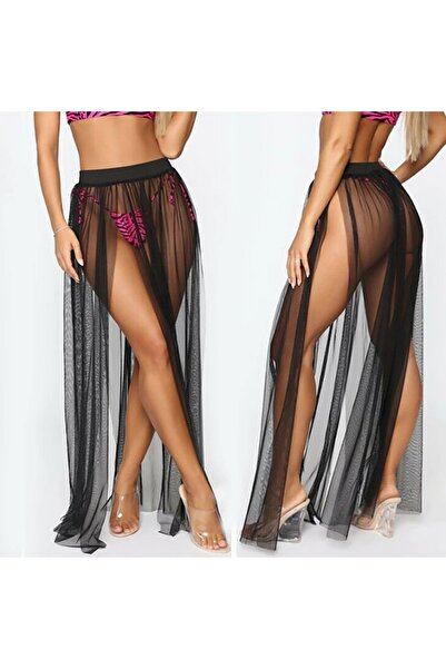 NSM Parakini Γυναικεία Μαύρη Διπλή Σχιστή Διάφανη Φούστα από Τούλι