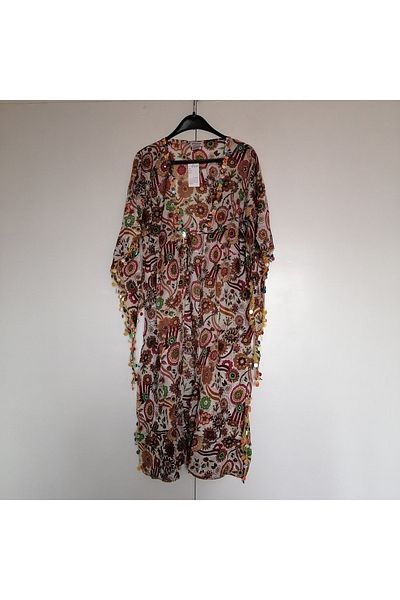 Manya Authentic cotton cheesecloth bone multicolor patterned sequin embroidery belted lace-up kaftan pareo Indian