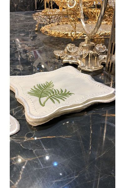 Teksev Miami Green 6-Piece Cocktail Coffee Presentation Napkin Maraş Handwork Glazing Embroidery Embroidered Gardenia Presentation Bowl