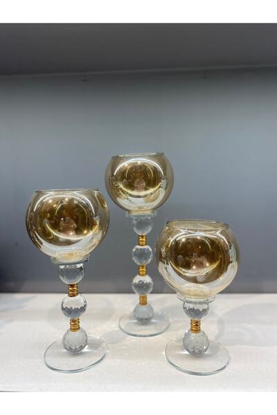 Peramari Şık Kristal Cam Üçlü Top Şamdan, Altın Renkli, Dekoratif ve Zarif Ta...