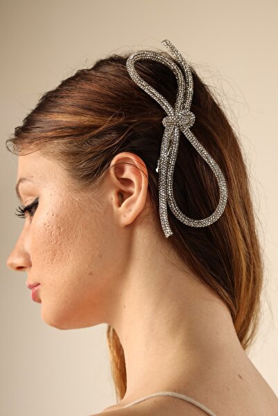 Pearly Handmade Beyaz Taşlı Kurdele Klips Toka Gümüş Işıltılı Saç Aksesuarı F...