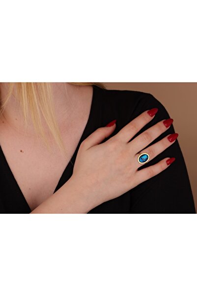 Akgül Silver Doğal Deniz Kulağı Taşı Altın Kaplama Gümüş Yüzük