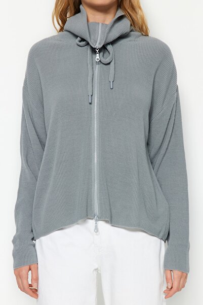 Trendyol Collection Šedý pletený cardigan s širokým střihem a detailem na zip - Twoaw23Hi00189