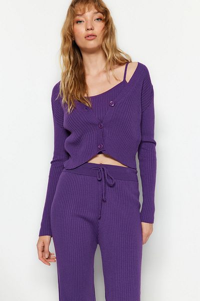 Trendyol Collection Köteles lila blúz, kardigán és nadrág szett - TWOAW22AU0006