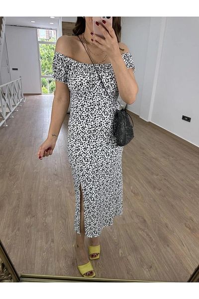 HBS Tiny Flower Patterned Twist Fabric Madonna Collar Dress