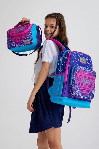 Coral High Set de geanți de școală pentru copii, violet, albastru, roz, cu model de inimă, din 3 piese, cu USB0123840