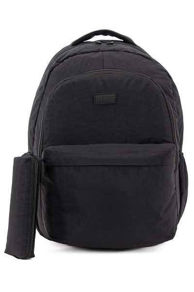 KAFF Unisex Black 01102-SET Crinkle Fabric Waterproof Multi-Compartment School Backpack with Pen Holder