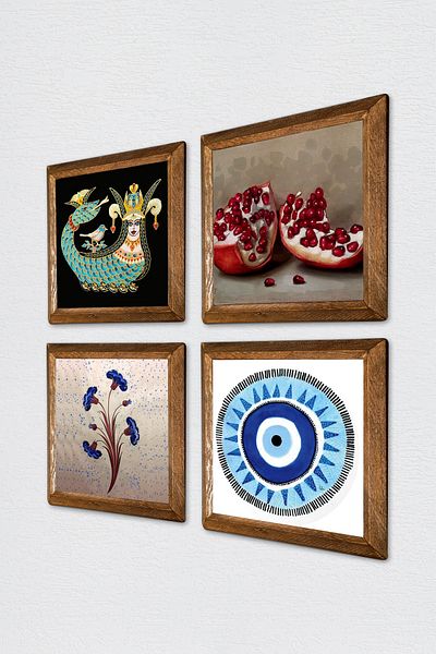 Pinecone Evil Eye, Marbling Art, Shahmeran, Pomegranate Stone Wall Painting Wooden Framed Wall Decor 4 Piece Painting Set