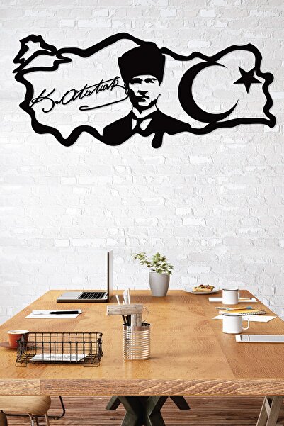 Gowpenart Atatürk Portreli İmzalı Türkiye Haritası Dekoratif Siyah Metal Duva...