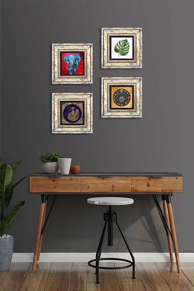 Pinecone Elefant, Frunză, Păun, Piatră de rău Pictură murală înrămată Decor de perete 4 bucăți Set de pictură Tk4-323