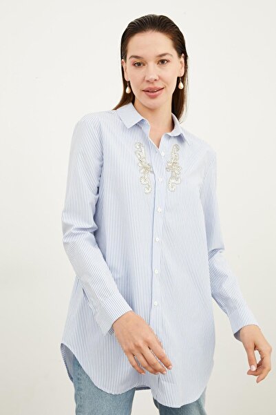 Hanna's by Hanna Darsa Kadın Polo Yaka Çizgili Önleri Dikme İşlemeli Uzun Kol...