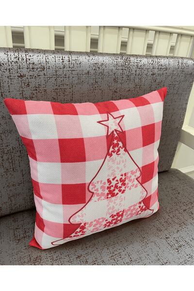 Brillant Çam Ağacı Desenli Ekose Keten Görünümlü Kırlent Yastık Kılıfı (PEMBE...