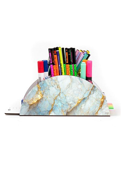 kutuTR Wooden VİP Marble Series Desktop Pen Holder Organizer with Rainbow Ruler Assembled Box