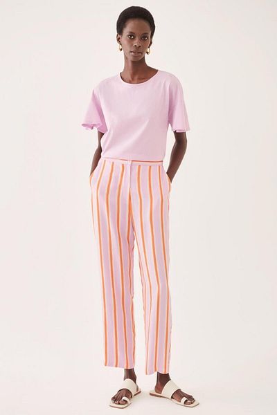 Perspective Anette Regular Fit Ankle Length Striped Patterned Mid Waist Lilac Orange Color Women's Trousers