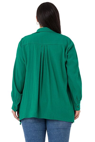 DISENTIS MODEST Μεγάλο μέγεθος στήθος λεπτομερές μανίκι και πίσω πλισέ πράσινο πουκάμισο