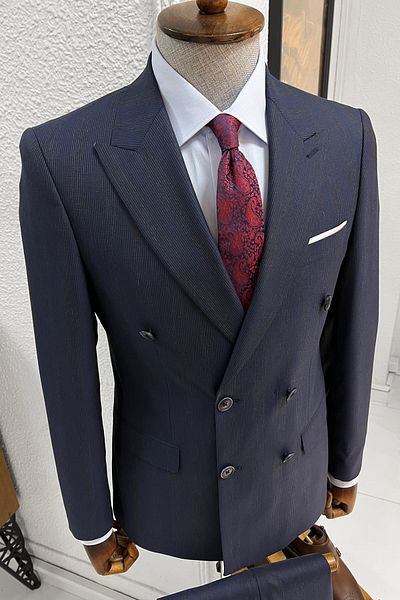 NAZEF Slim Fit Striped Double Breasted Men's Wool Suit