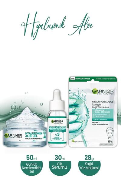Garnier Hyaluronik Aloe Nemlendirici Jel 50 ml, Kağıt Yüz Maske 28 gr ve Serum 30 ml