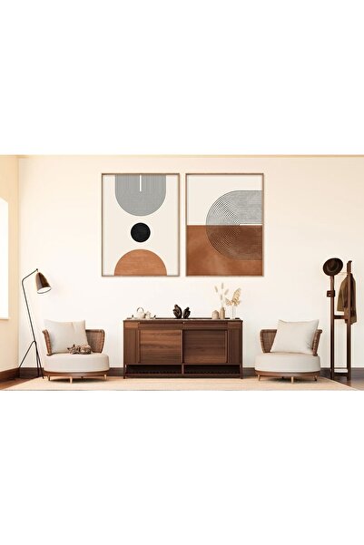 woodhomeworks Minimalist Ahşap 2'li Çerçeveli Soyut Dekoratif Tablo Qmmt35