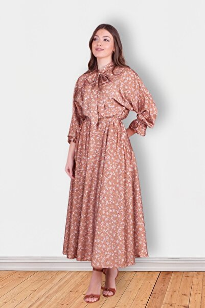 Bidoluelbise Kadın Çiçek Desenli Yarasa Kol Saten Tesettür Abiye Elbise