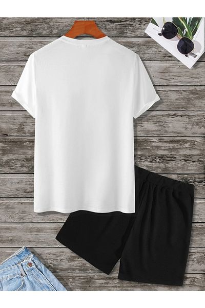 MODARİCH Kung Fu Bear T-shirt Shorts - White Black Shorts T-Shirt Bottom Top Set Printed Oversize Crew Neck