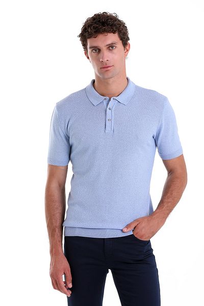 Hatemoğlu Tricou albastru din bumbac jacquard, cu guler polo, tricotaj