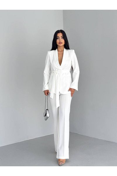 han fashion Megköthető műzsebes öves kendőgallér Blézer dzseki Pipe láb rugalmas nadrágkosztüm