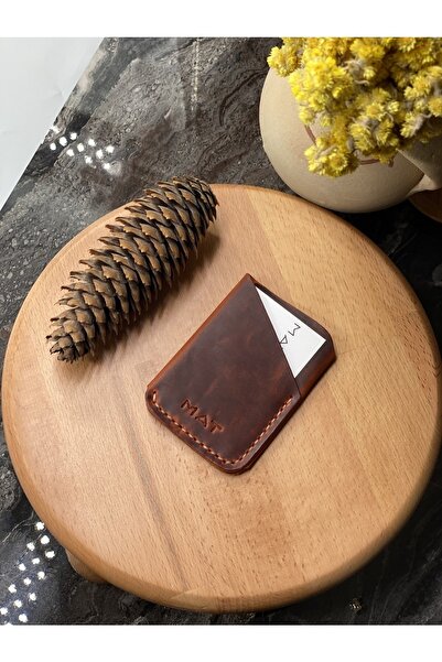 MAT Deri حامل بطاقات من الجلد الطبيعي مصنوع يدويًا بتأثير خاص من الجلد المجنون باللون البرتقالي