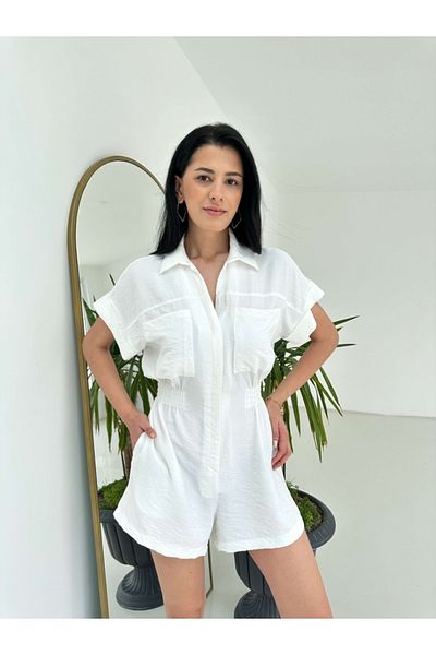 Elif Özbey Butik White Linen Buttoned Shorts Jumpsuit