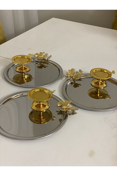 Elzemm store TWO MODELS OF 3 SILVER COLOR STEEL PRESENTATION TRAY AND GOLD BUTTERFLY MALRONHOL