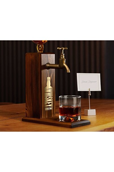 Bk Gift Aynalı Altın Kabartma Musluklu Doğal Ceviz Ahşap Viski Standı, Home B...