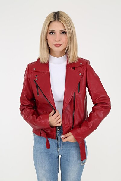DERİNSS Dka9020 Genuine Leather Women's Red Coat