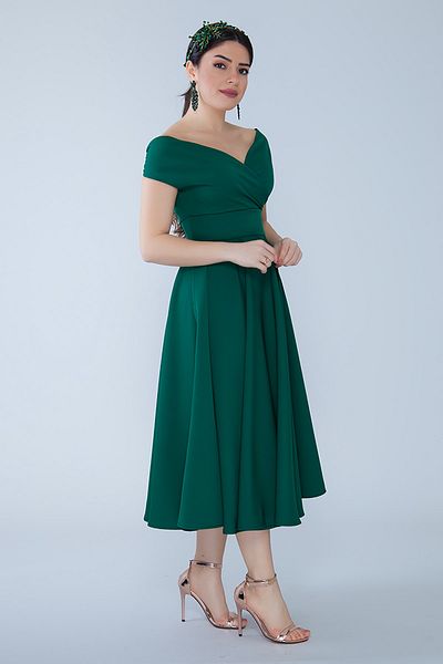 Bidoluelbise Women's Boat Neck Flared Midi Length Woven Draped Dress Fabric Evening Dress and Graduation Dress