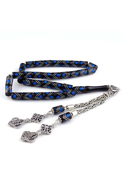 TAŞHAN Gümüş - Mavi Işlemeli Kesme Oltu Taşı Tesbih